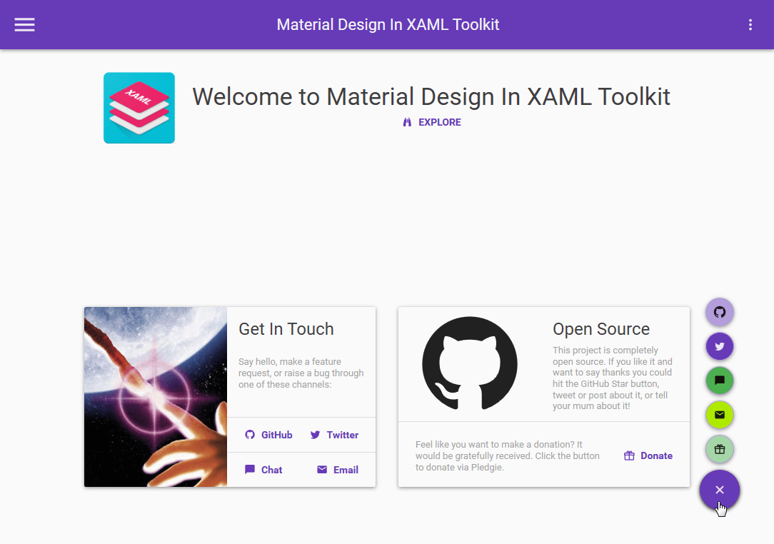 Screenshot of WPF Material Design 2 demo application home page