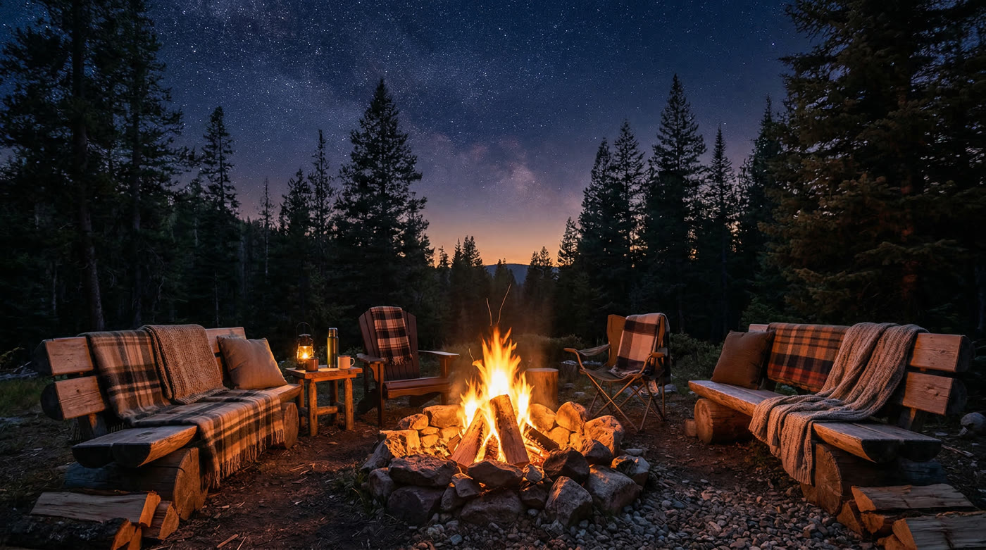 Community gathered around a campfire at twilight