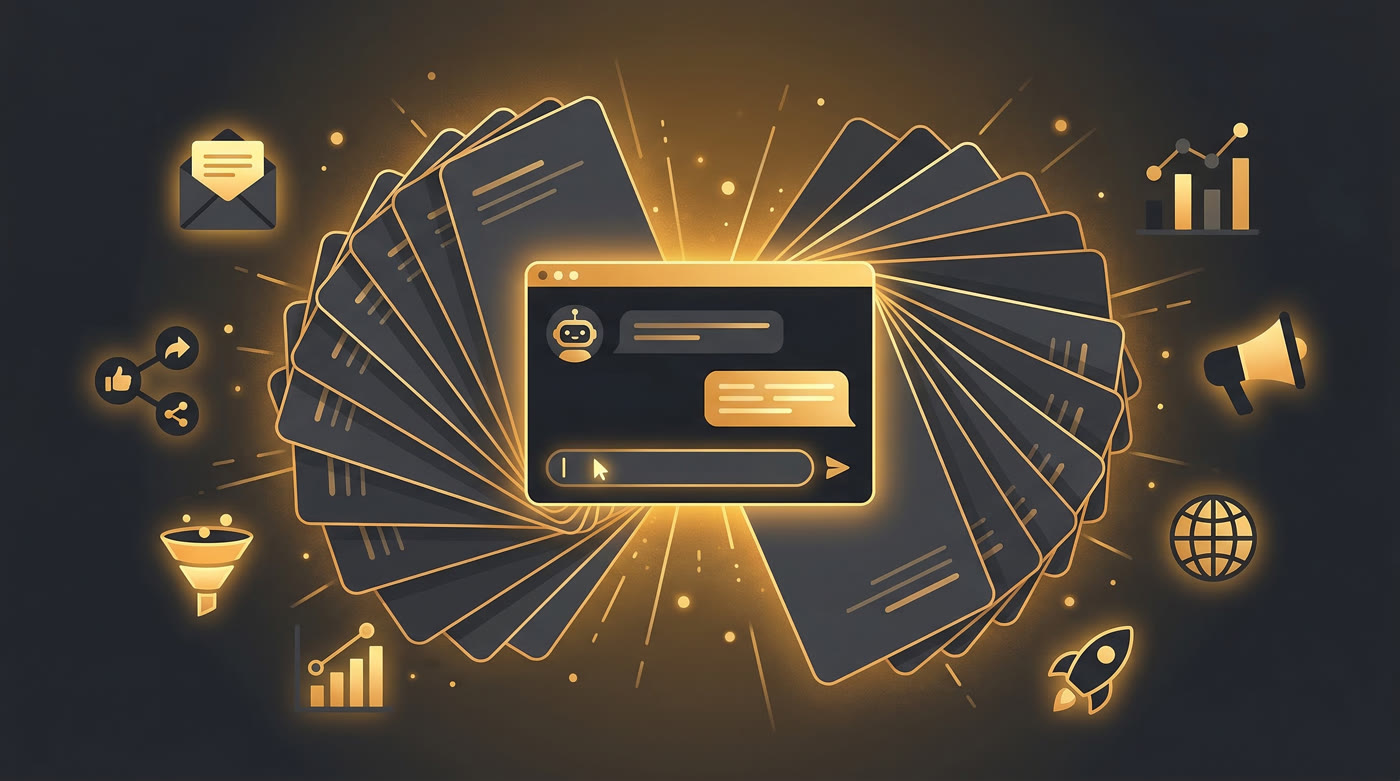 50 AI Marketing Prompts — glowing prompt cards floating in warm amber space