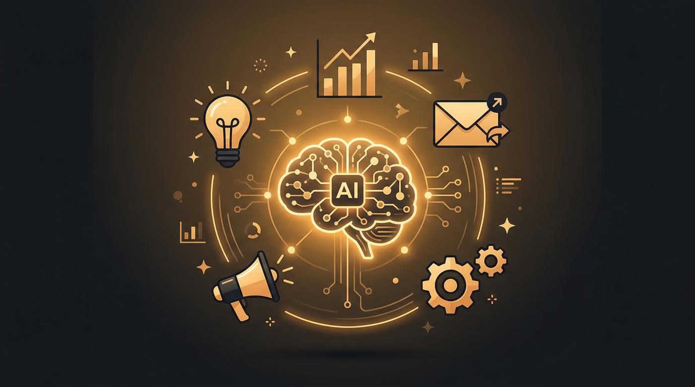AI Marketing Starter Kit — glowing digital toolkit floating in warm amber space