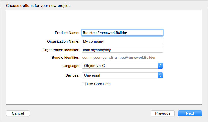 Create Braintree framework builder project