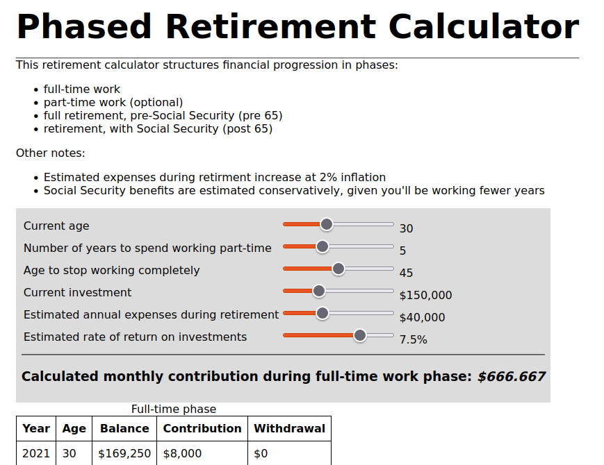 Instructions, controls, and output of retirement calculator