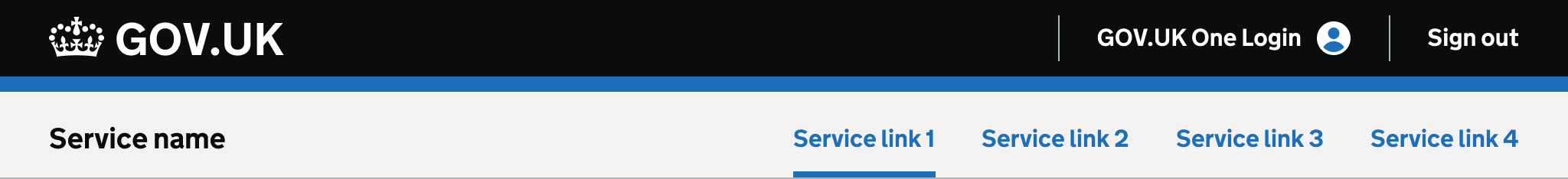 A screenshot of the GOV.UK One Login header. It has 2 sections: a black section at the top showing the GOV.UK crown logo, a link saying "GOV.UK One Login", which takes you into your account, and a "Sign out" button. Below this section is a grey section, displaying the name of a government service and internal links within that service. Those just have placeholder text, so read "Service name" and "Service link 1" and so on. The black and grey sections are divided by a blue bar, like on the GOV.UK homepage.