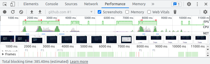 a screenshot of the "Performance" tab in Chrome DevTools with a page performance profile loaded