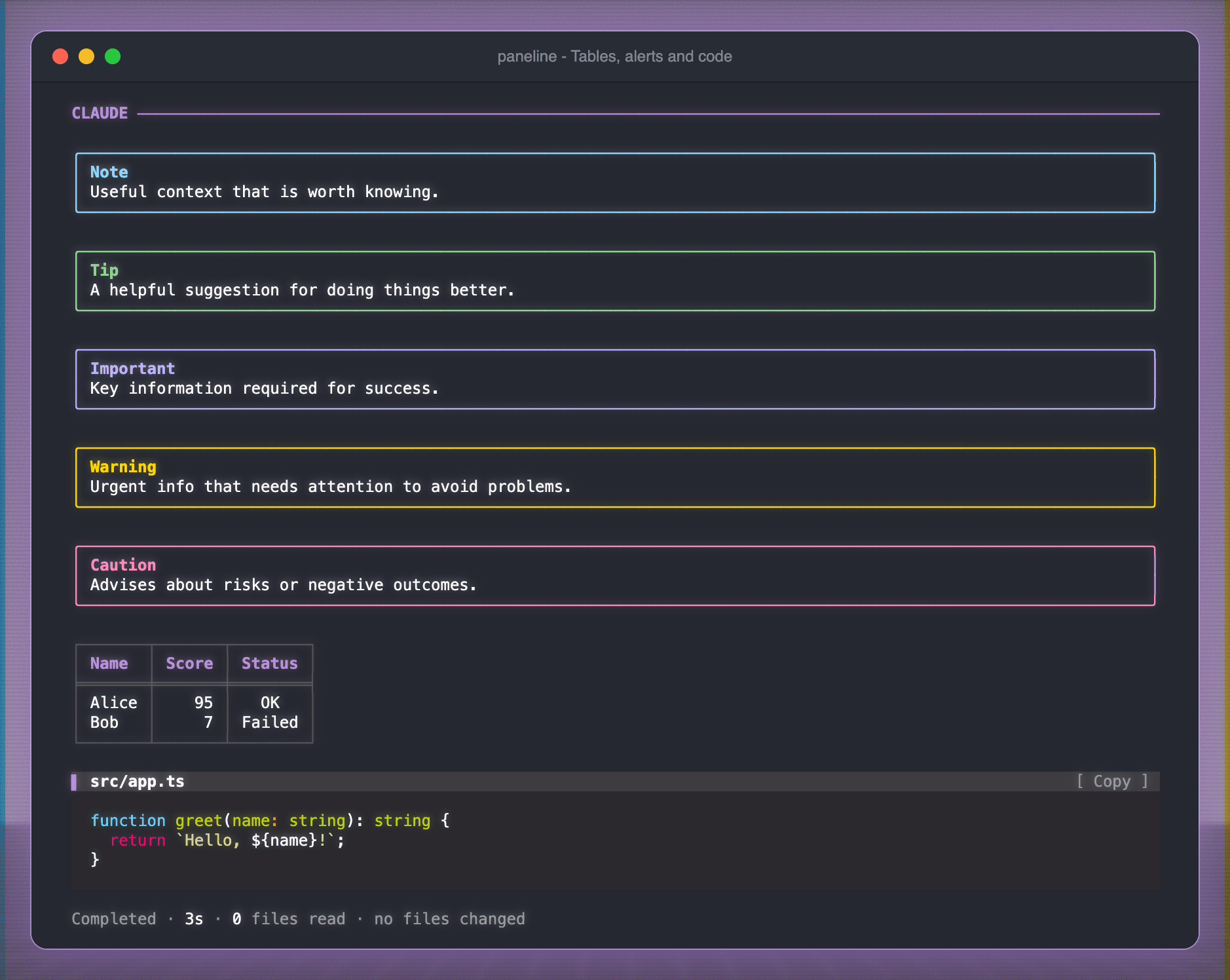 Tables, alerts and a code panel