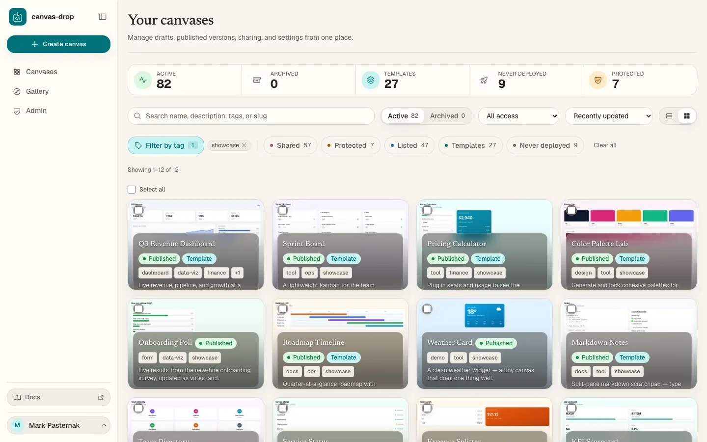 canvas-drop: the dashboard, in-browser editor, gallery, sharing, backend, and admin