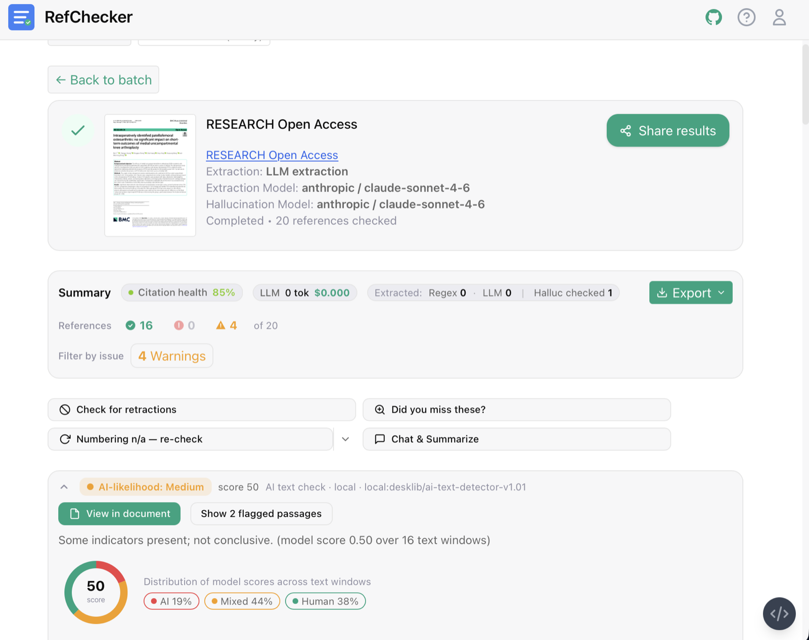 RefChecker — completed check overview