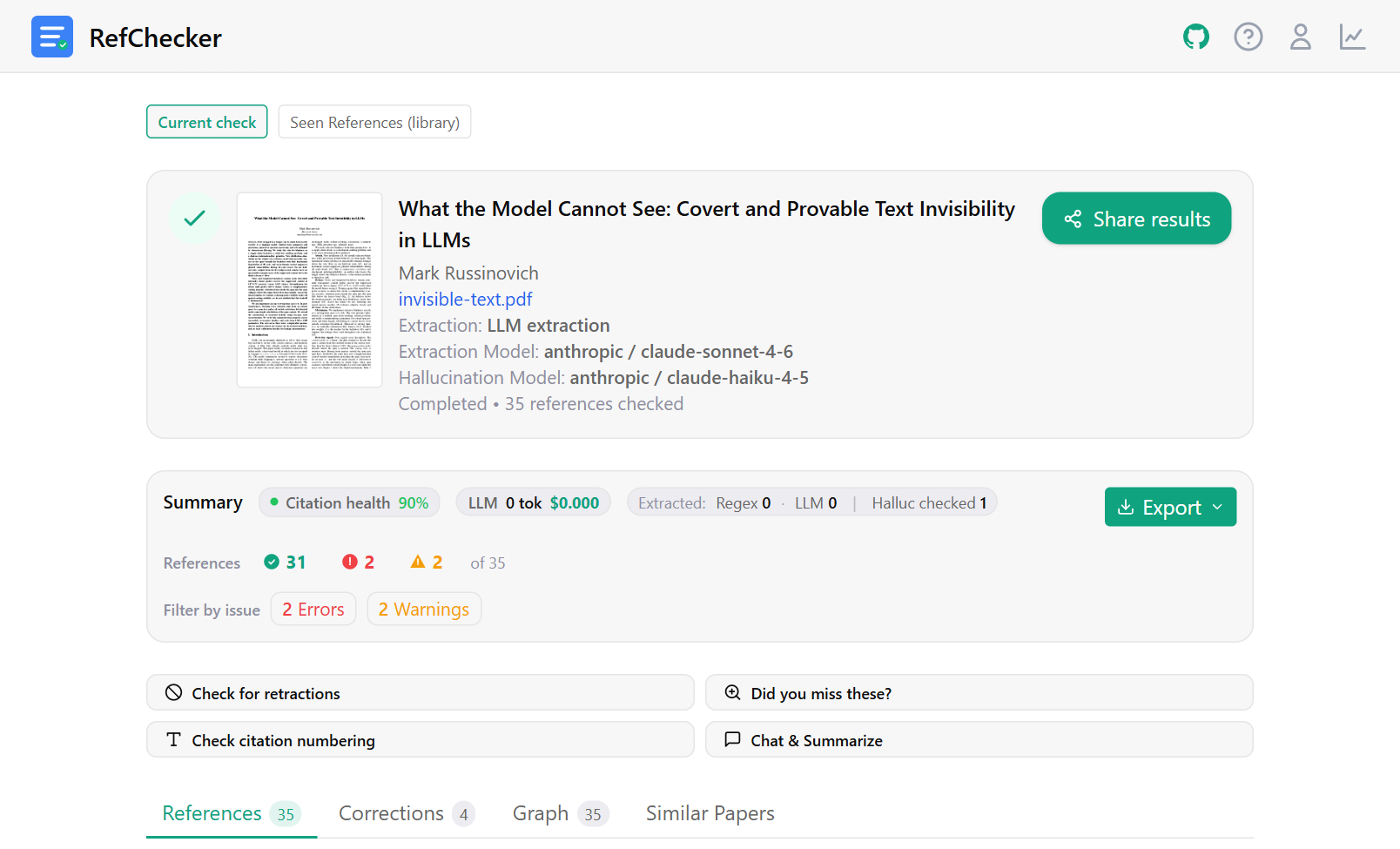 RefChecker — completed check overview
