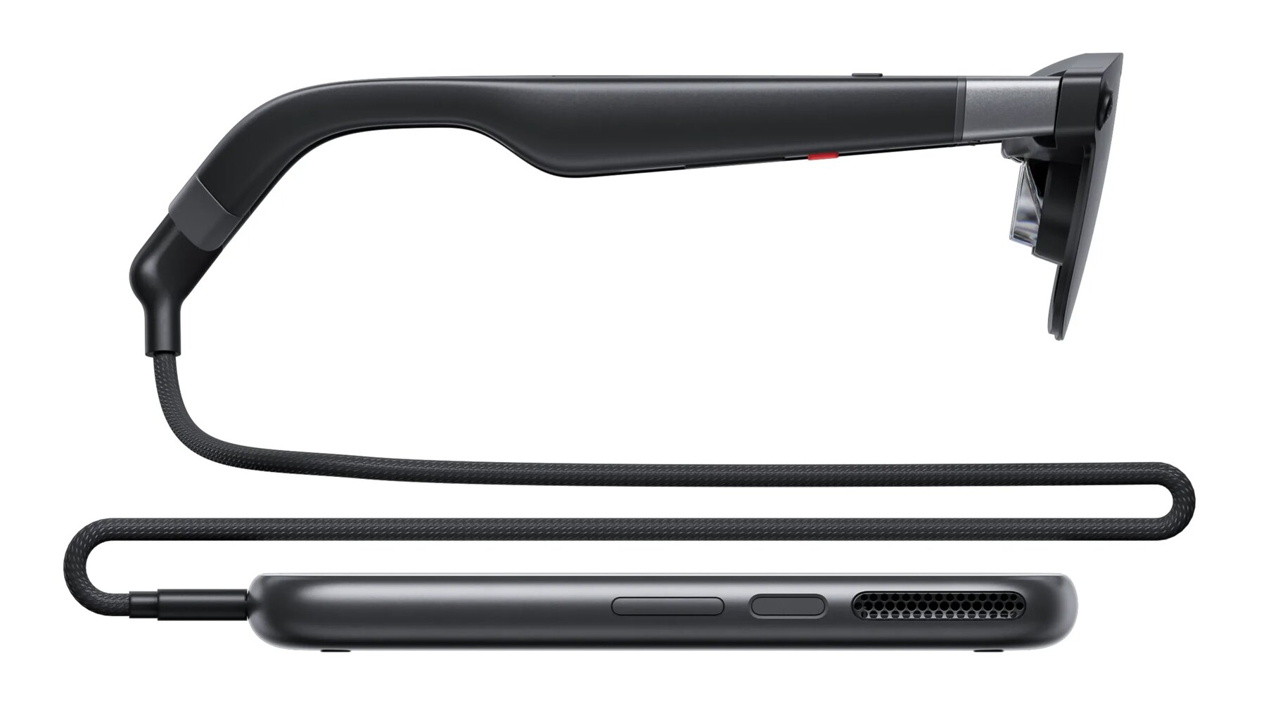 XREAL AURA: 95-gram glasses and the tethered compute puck that drives them, from US$1,279. The maker publishes prices in four currencies; Singapore dollars are not one of them, and its Singapore page returns a 404.