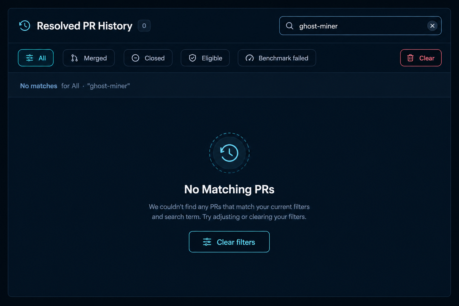 Leaderboard history filters with Clear controls and No Matching PRs empty state