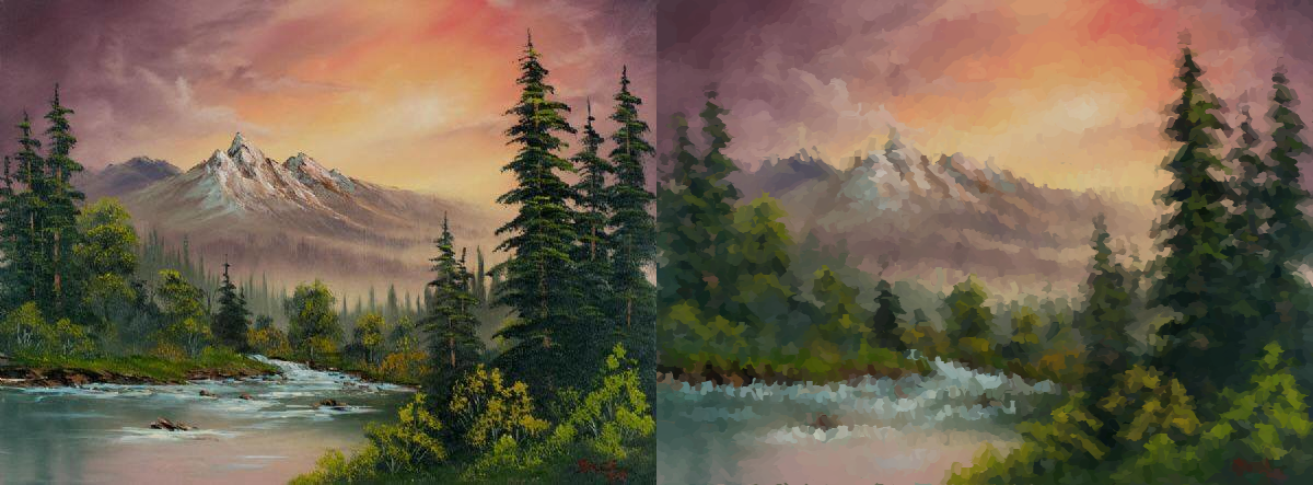 Source Bob Ross Painting Compared to Painterly Bob Ross Painting