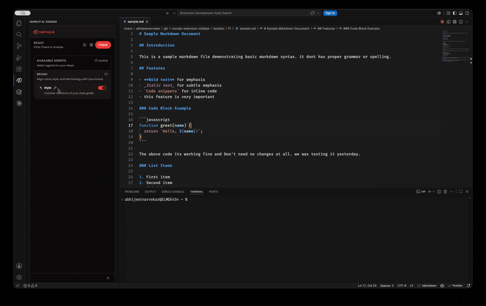 Markup AI sidebar in VS Code: run a check, then highlight flagged text and apply suggestions inline