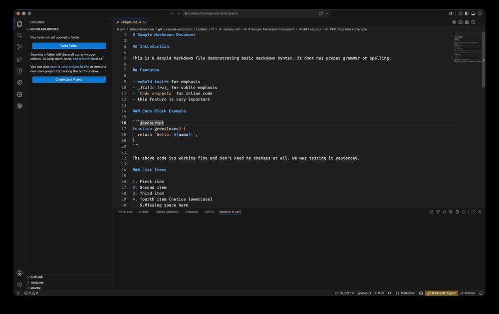 Markup AI Lint in VS Code: issues underlined inline, hover for an explanation, apply the fix with one click