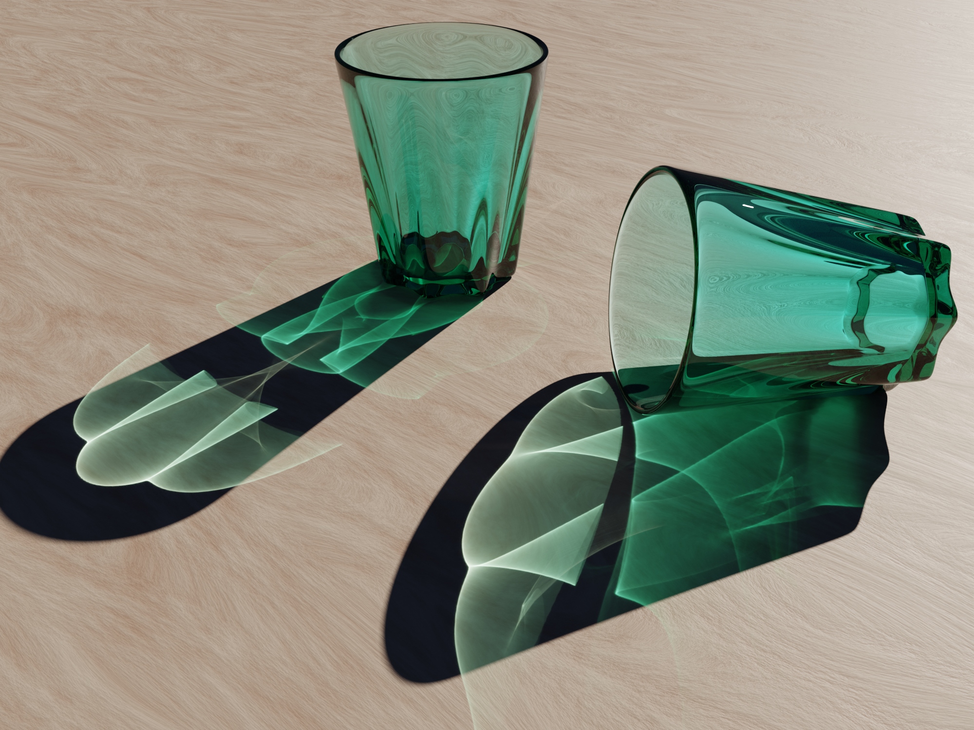 Drinking glasses on table with caustics