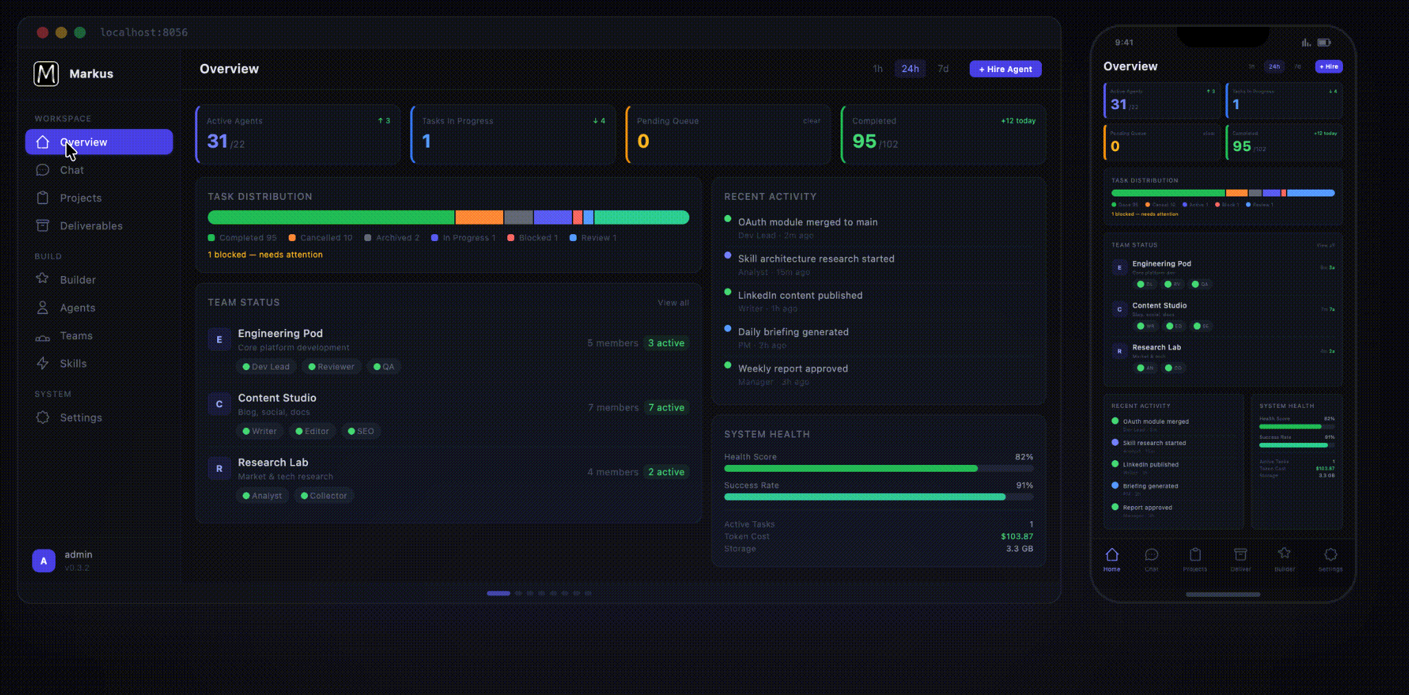 Markus Dashboard — desktop and mobile, manage your AI workforce from anywhere