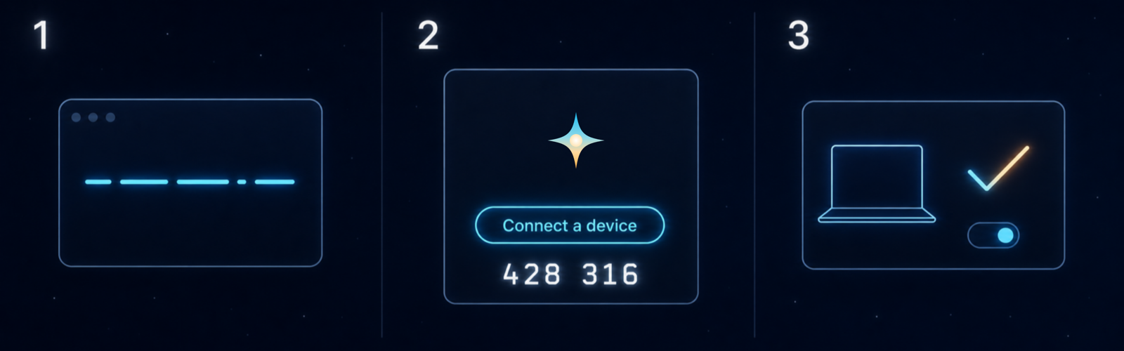 Pairing with a code: run the installer, click Connect a device on the NOVA page, type the six-digit code