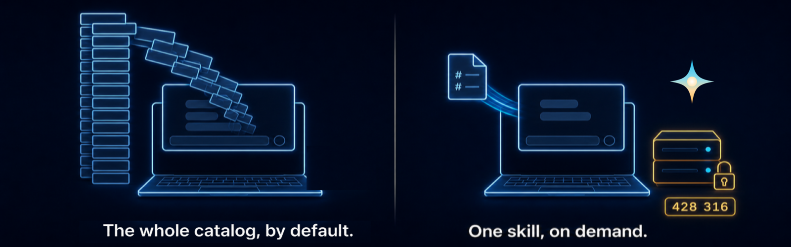 Left: a tool server lists its whole catalog by default. Right: HA NOVA sends one markdown skill on demand, and the credential stays locked on the server.