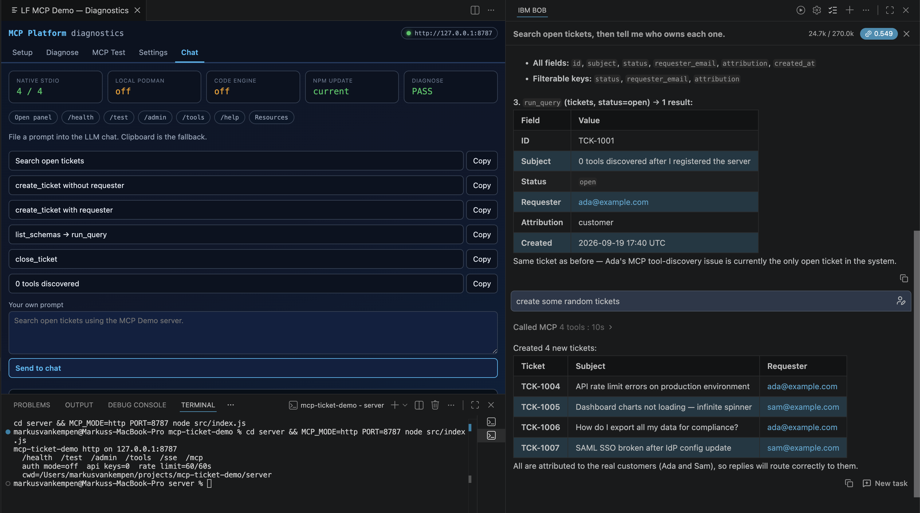 Chat tab — AI calls MCP tools to create and query tickets live