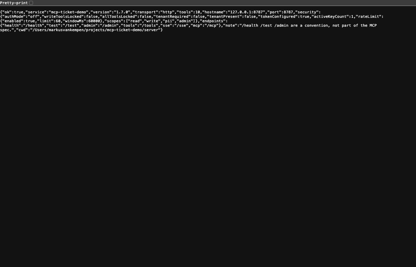/health — liveness check with version, tool count, and cwd
