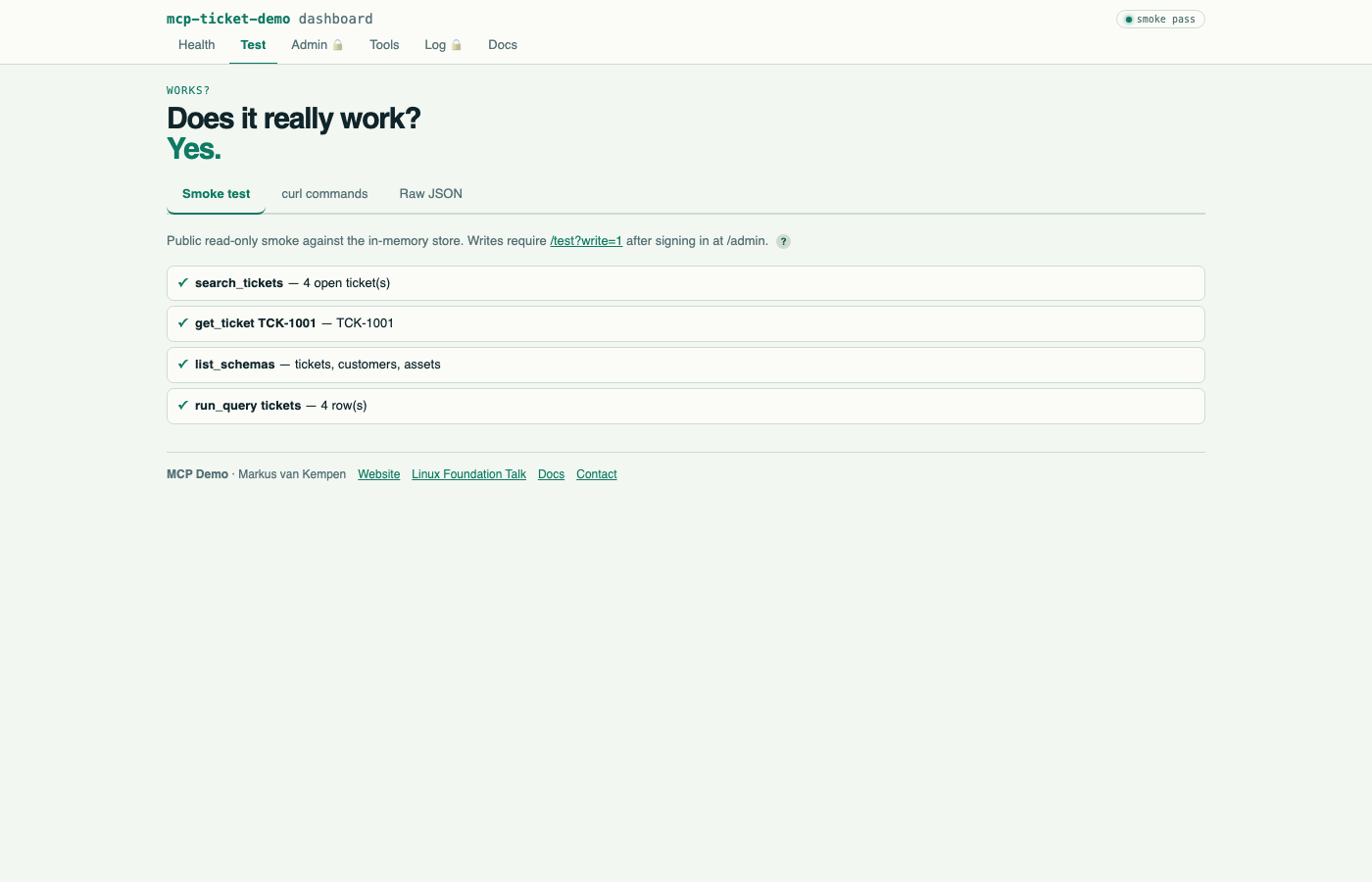 /test — read-only smoke test scoring all four read tools