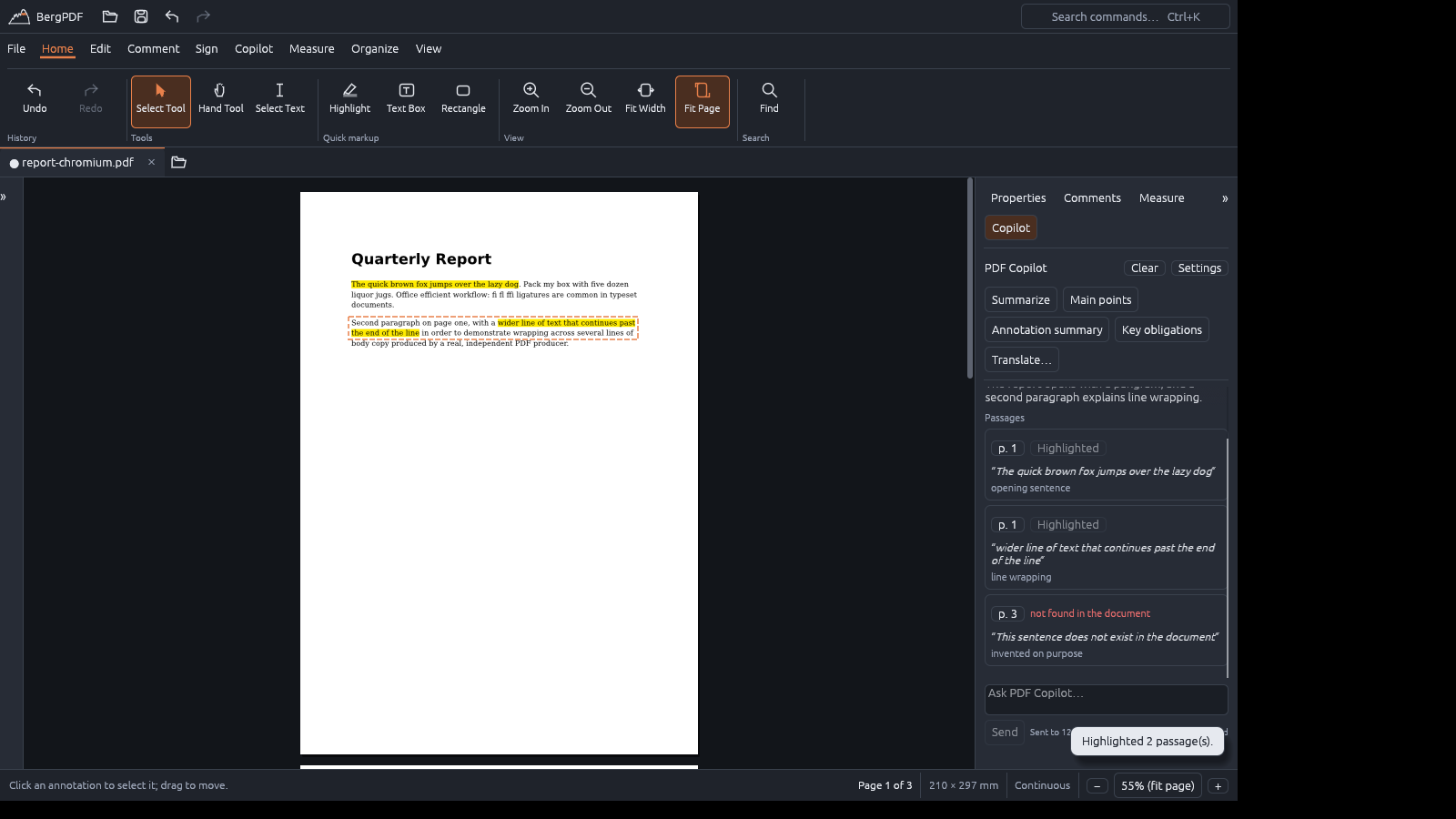 BergPDF with the PDF Copilot panel