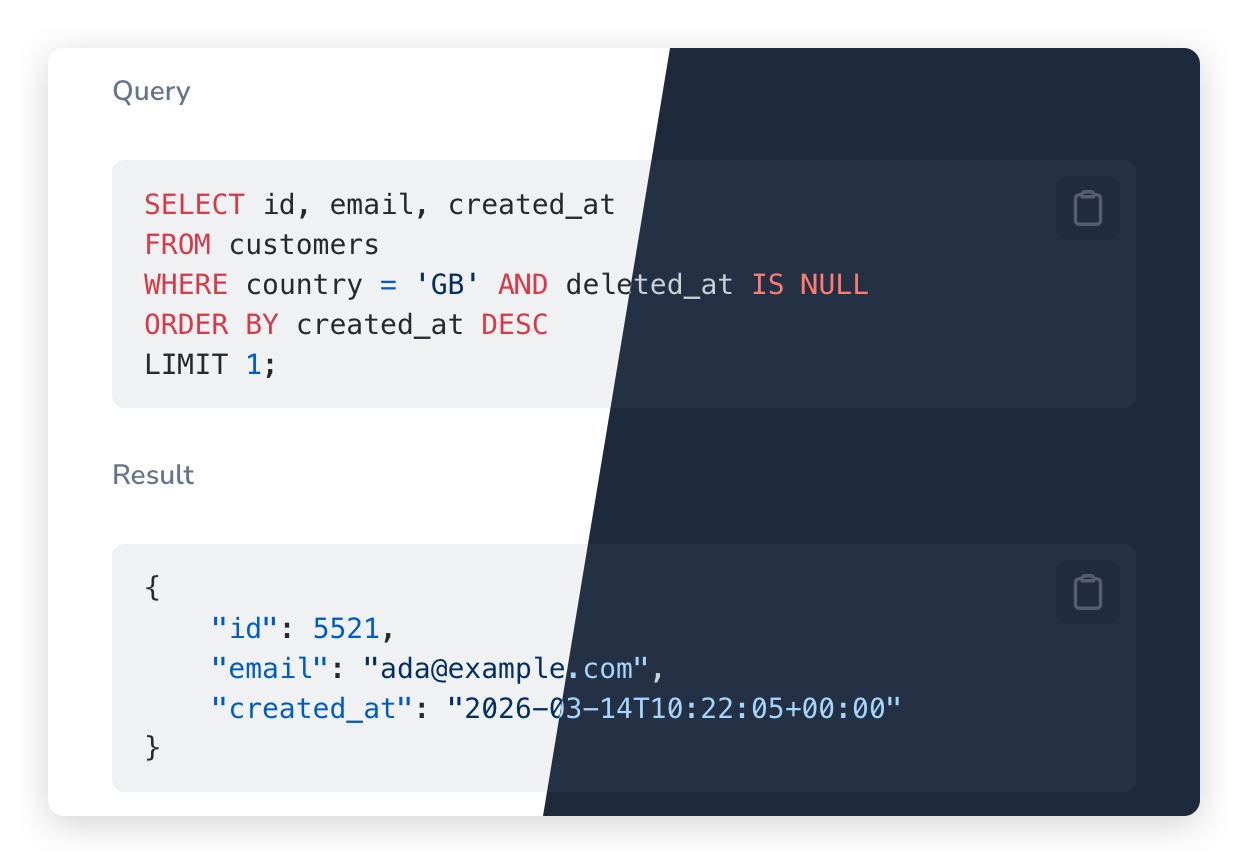 A highlighted SQL query and its JSON result, each with a copy button