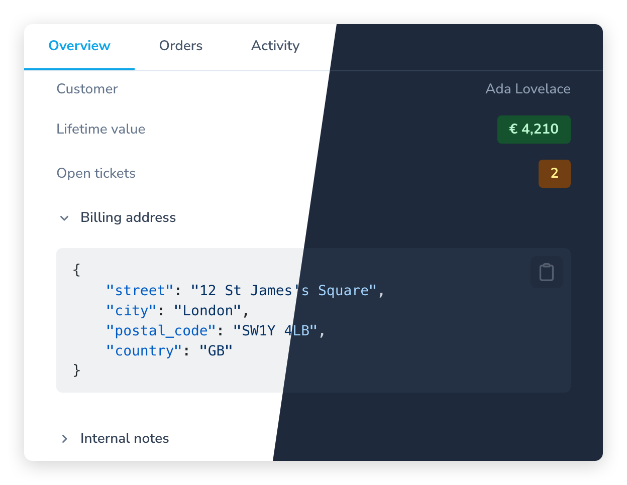 Tabs with key/value rows, an expanded collapsible with JSON and a collapsed one