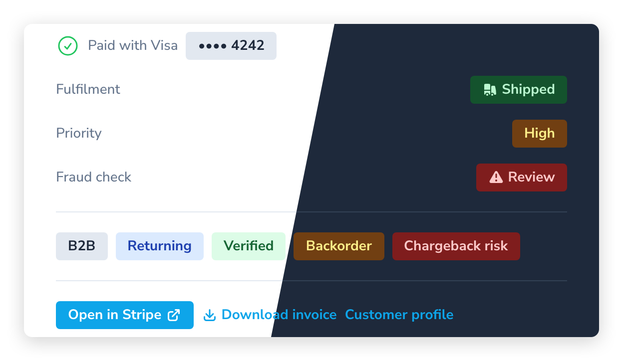 Inline rows with an icon, key/value rows with badges, badges in every variant, and links