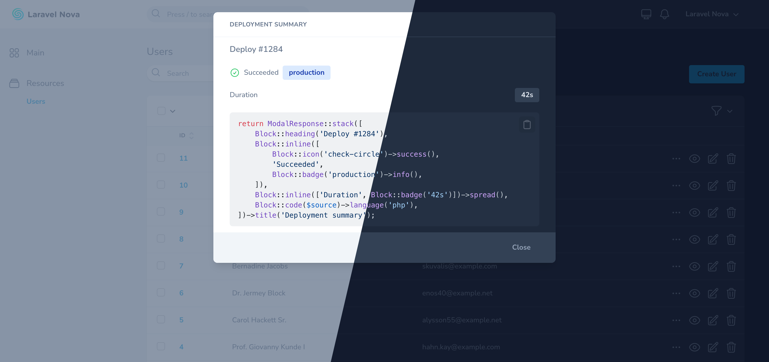 A Nova page with a modal showing a heading, status badges and the highlighted PHP that builds it, split between light and dark mode