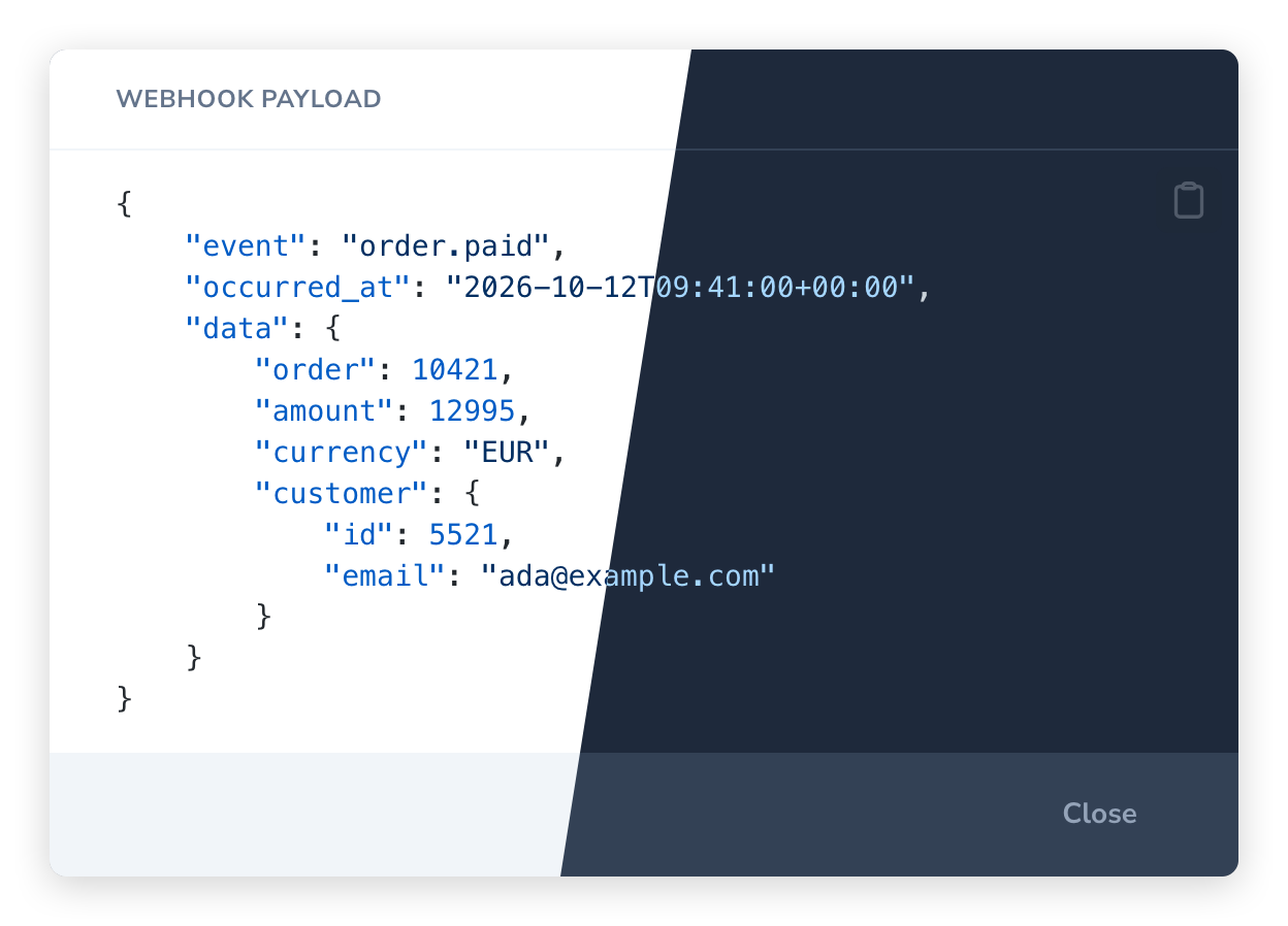ModalResponse::json() rendering a highlighted JSON payload