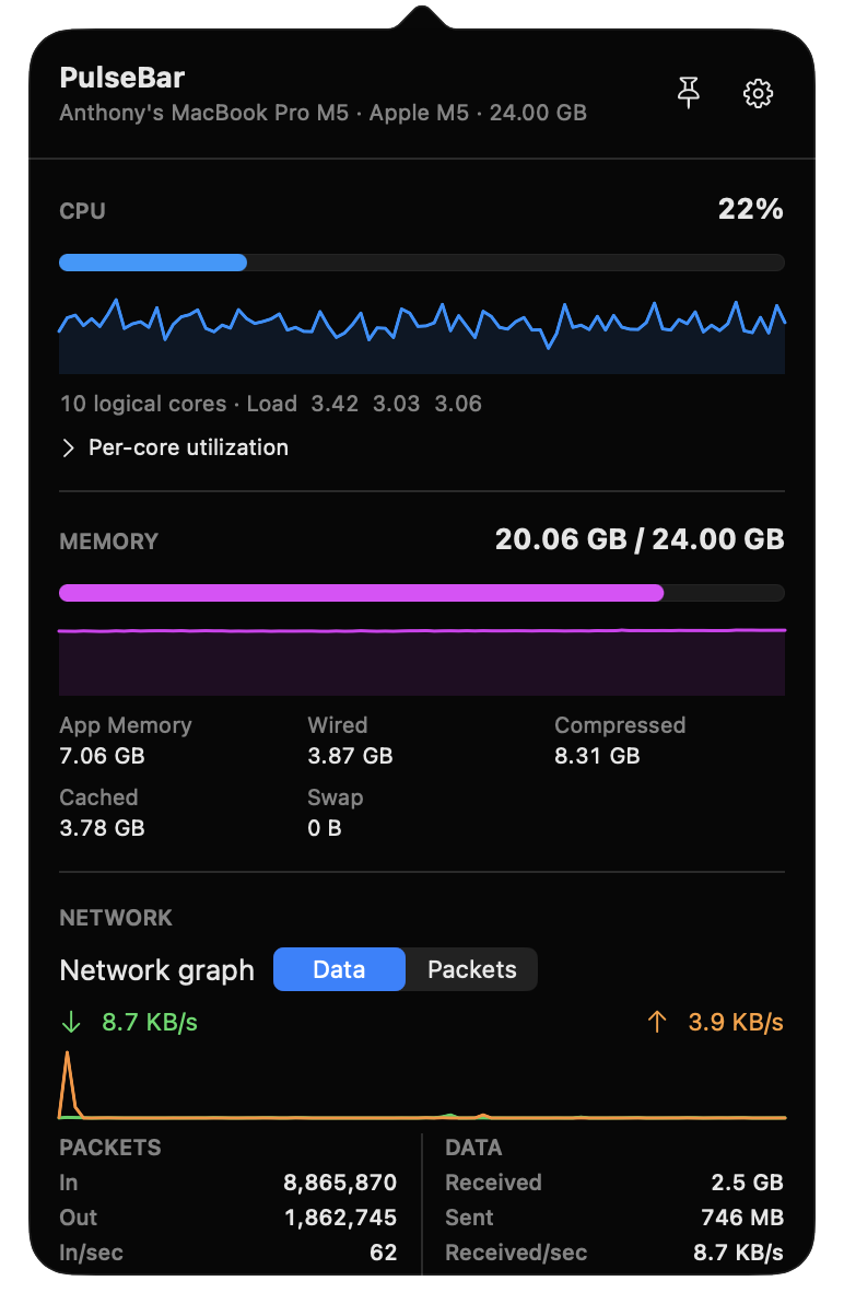 PulseBar dashboard showing live system statistics