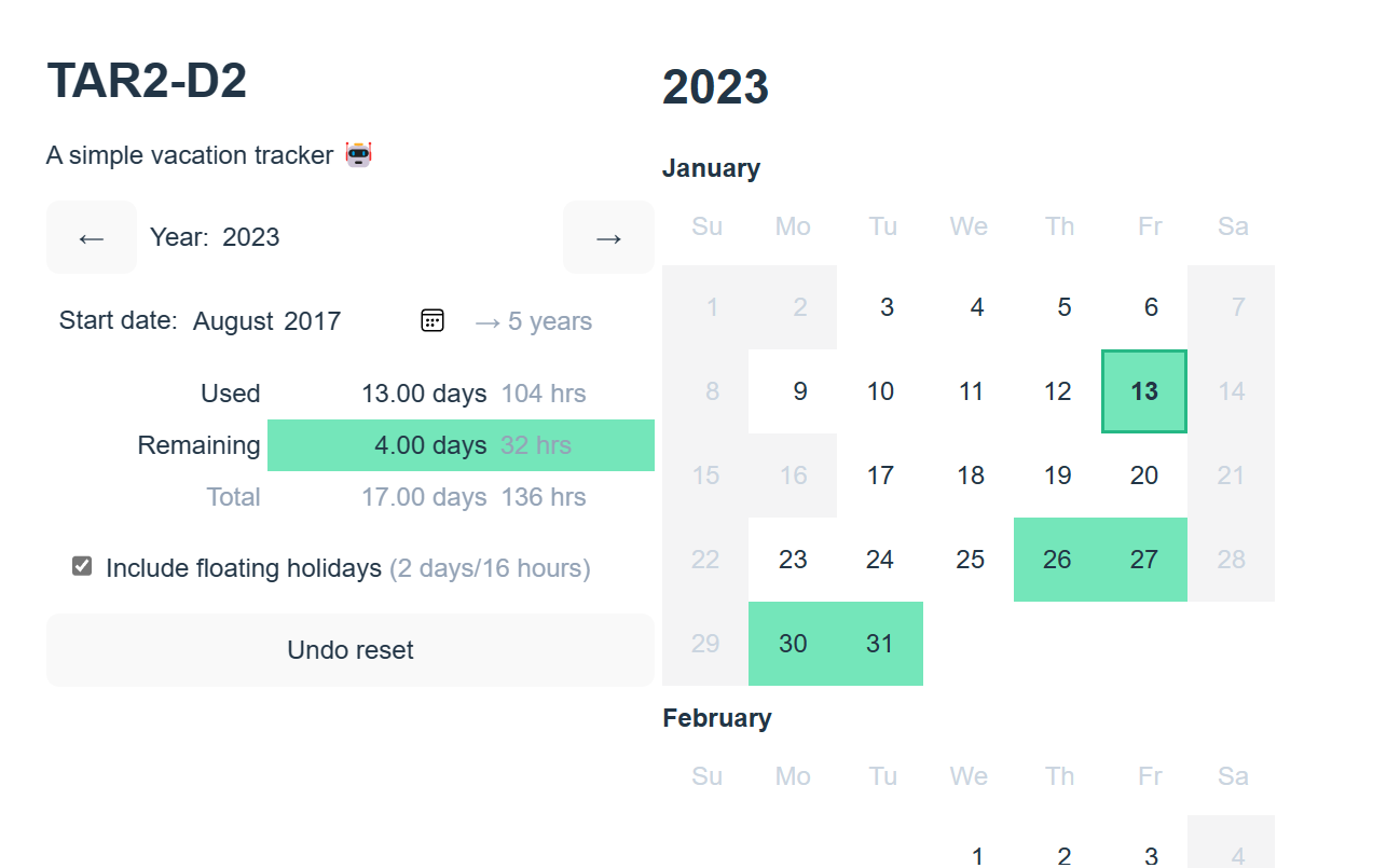 Screenshot of the calendar view