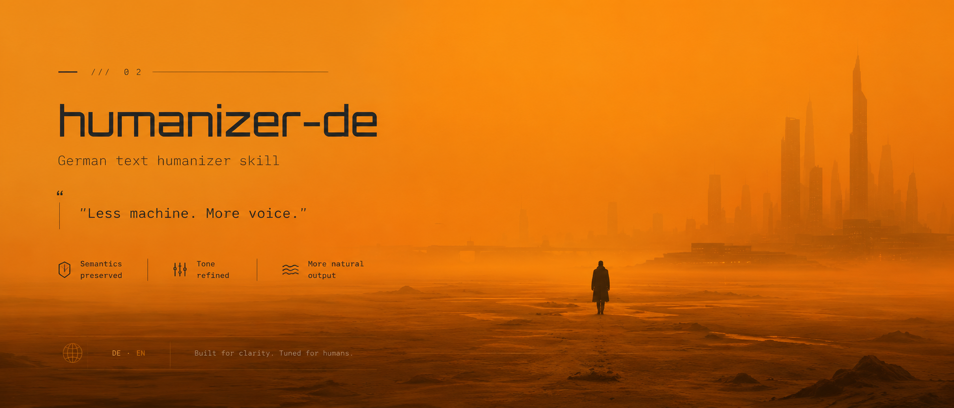 humanizer-de – German AI text humanizer und deutscher Stil-Editor mit Evidence-Gate. Less machine. More voice.