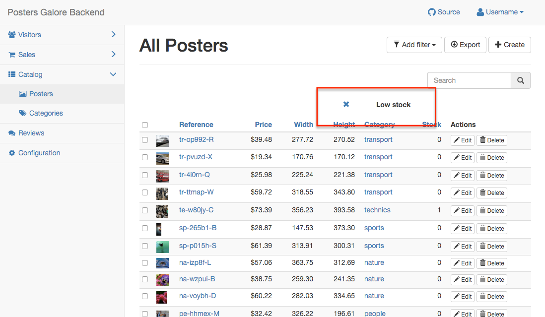 Quick filter in Posters Galore