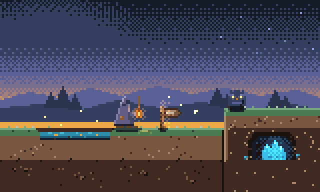 dusk side-scroller scene: cloaked lantern-bearer, owl on a ledge, crystal cave, fireflies