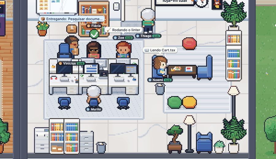 Animation of a Habblaud room: characters typing at their desks, subagents with badges and activity bubbles