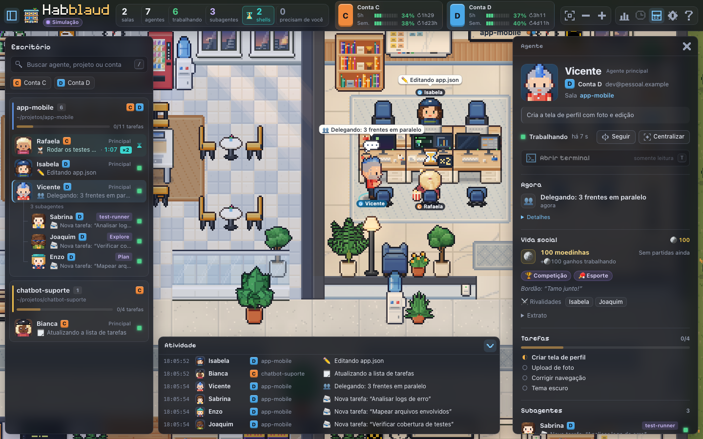Details drawer of an agent with tasks, subagents, timeline and stats