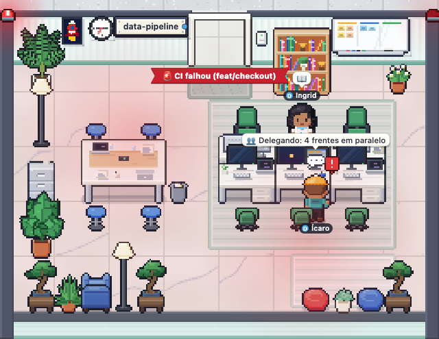 The data-pipeline room on alert: reddish floor, red banner 'CI failed (feat/checkout)', rotating beacons in the top corners and a red '!' bubble next to Ícaro