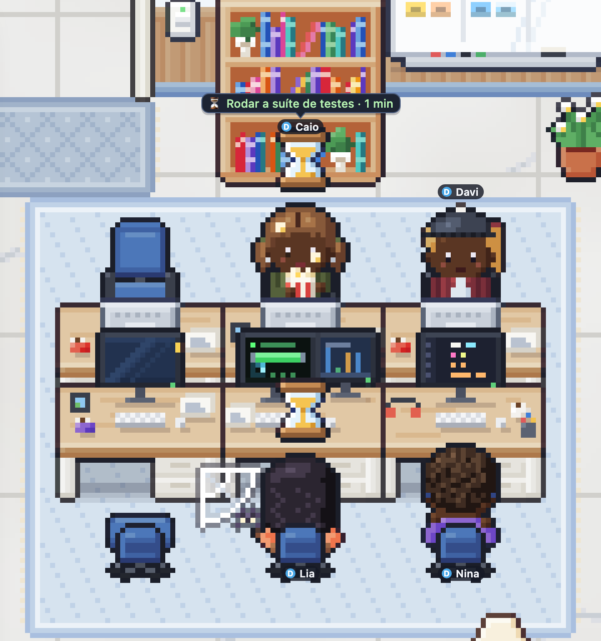 Agent eating popcorn at its desk, with an hourglass over its head and the bubble 'Run the test suite · 1 min'; in the front row, a coworker has been waiting longer, with cobwebs on the chair and the terminal showing progress