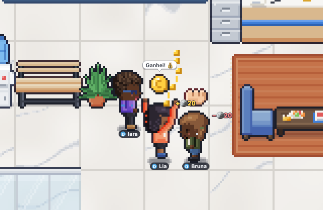 Rock-paper-scissors in the lobby: Lia celebrates with a coin over her head and the bubble 'I won!', coins fly from Bruna (upset, with the rock icon) to her, '+20' and '−20' floating, and Iara watches from behind