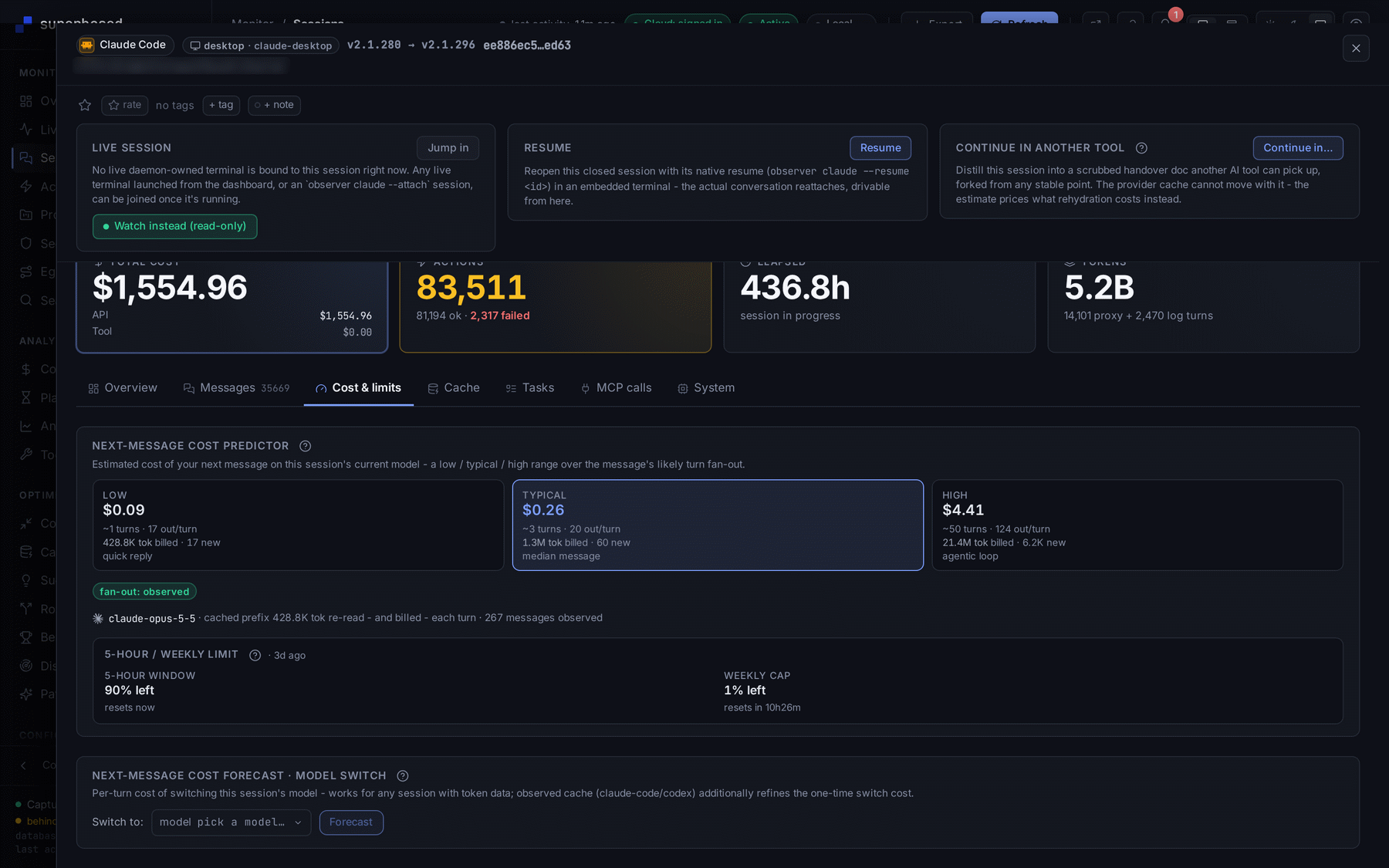 Session detail, Cost and limits tab: low, typical and high cost for the next message and the 5-hour and weekly limit