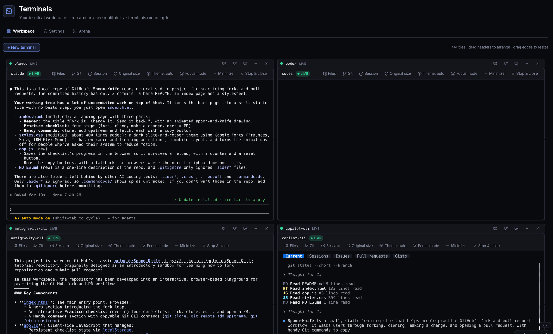 Terminals page: Claude Code, Codex, Antigravity CLI and Copilot CLI running side by side as live terminals in one dashboard