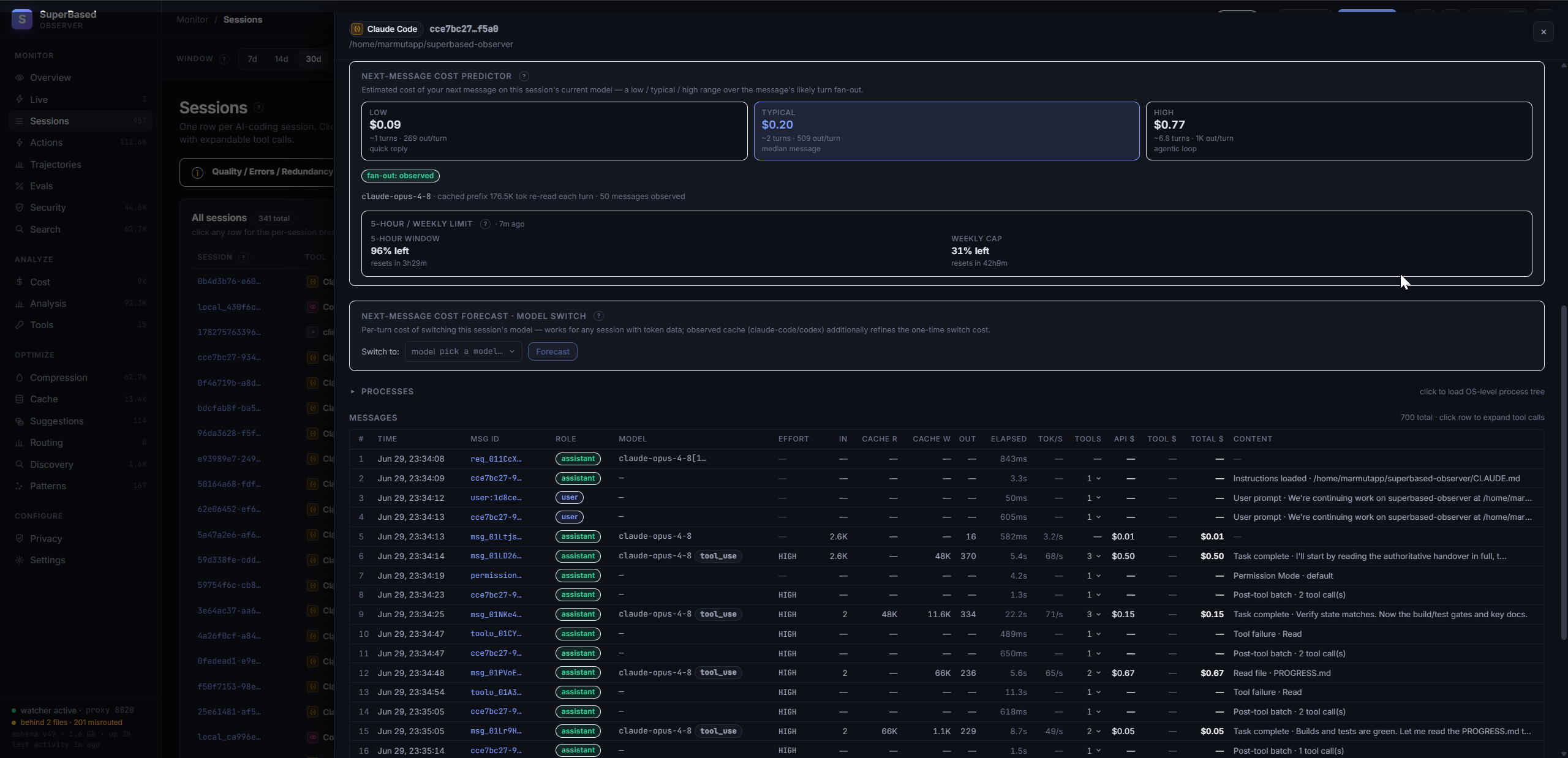 Session detail — per-message timeline of every upstream API turn