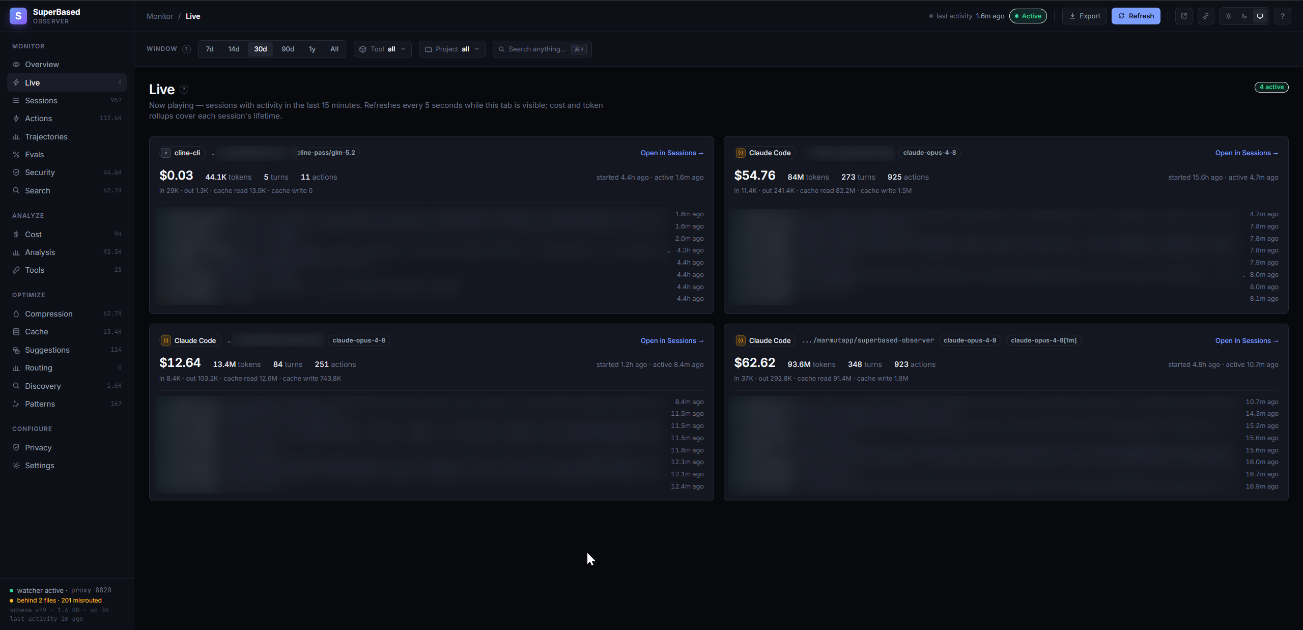 Live tab — sessions active in the last 15 minutes