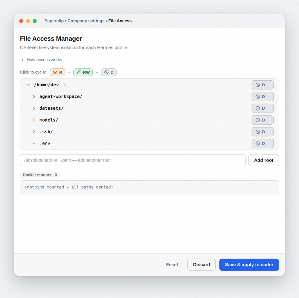 Demo: cycling a path through Read → Read/Write updates a live preview of the exact Docker bind mounts; clicking Save & apply recreates the sandbox container, restarts the Hermes gateway, and reports each step as ready.