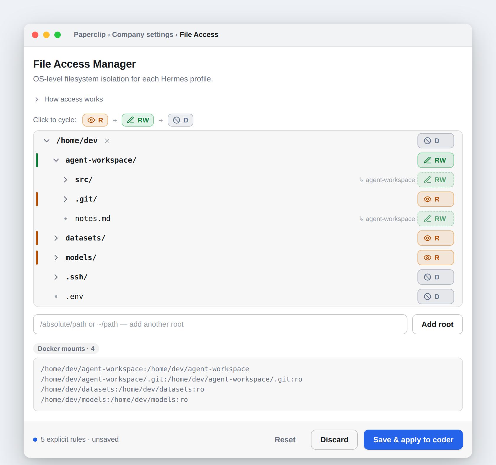 The File Access editor — a filesystem tree where each path carries a Read / Read-Write / Denied toggle. Explicit rules show a coloured bar, inherited settings are tagged with a ↳ arrow, and a live panel previews the exact Docker bind mounts the plugin will generate.