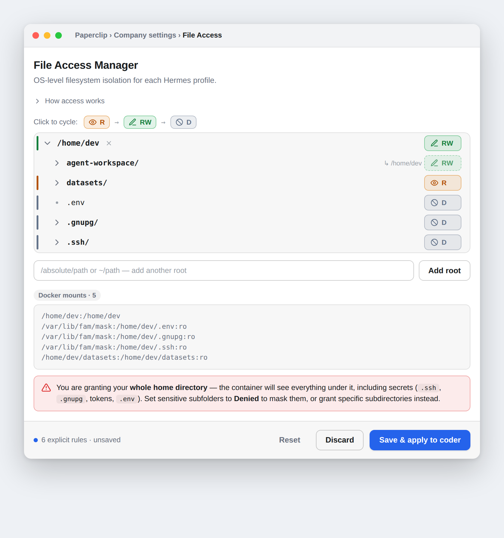 Granting the whole home directory triggers a warning; setting .ssh, .gnupg, and .env to Denied masks them with empty read-only mounts, shown in the preview as /var/lib/fam/mask entries even though the parent home directory is Read/Write.