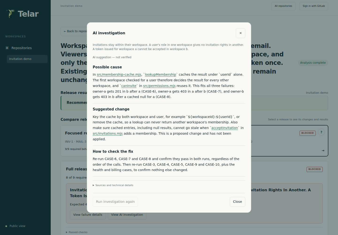 A saved Duo investigation links its explanation to the tested source and suggests how to check a fix.