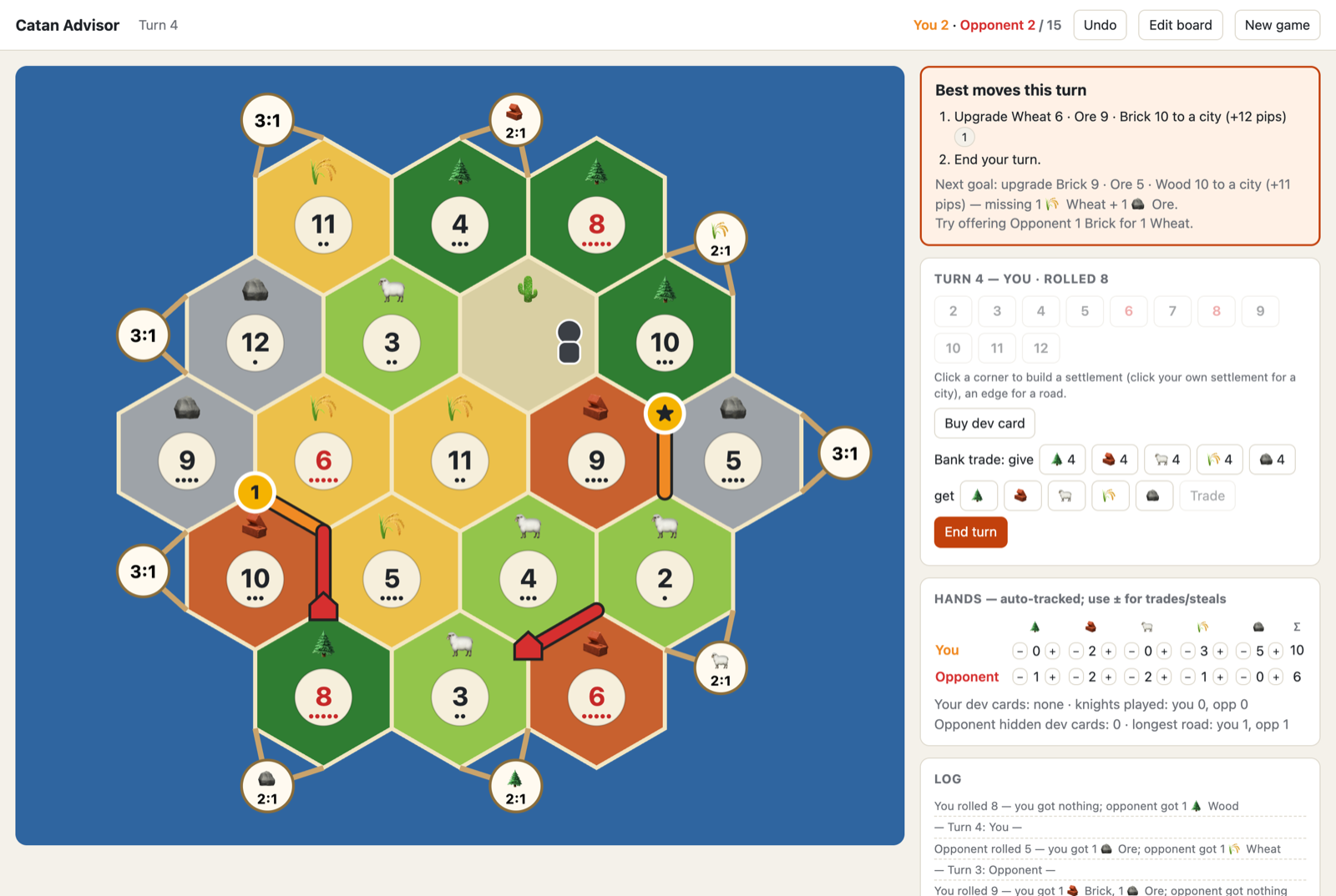 The browser tool: the board with suggested spots marked in gold, and an orange advice panel recommending a city upgrade