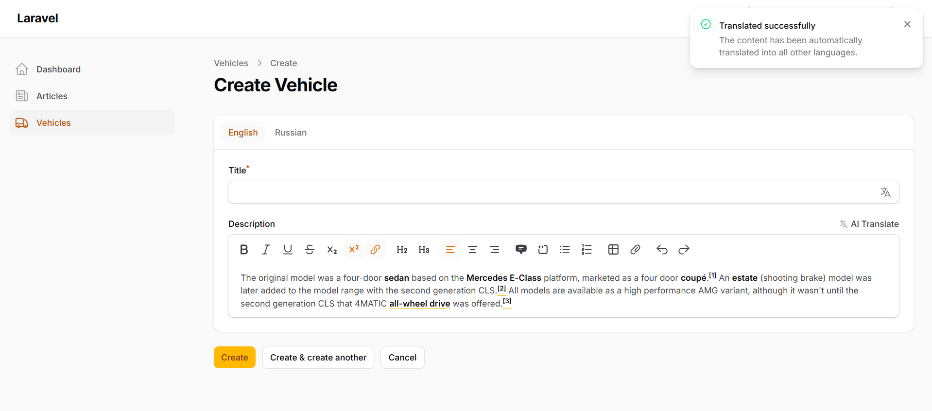 Filament AI Translator demo — translating fields inside a tabbed locale layout
